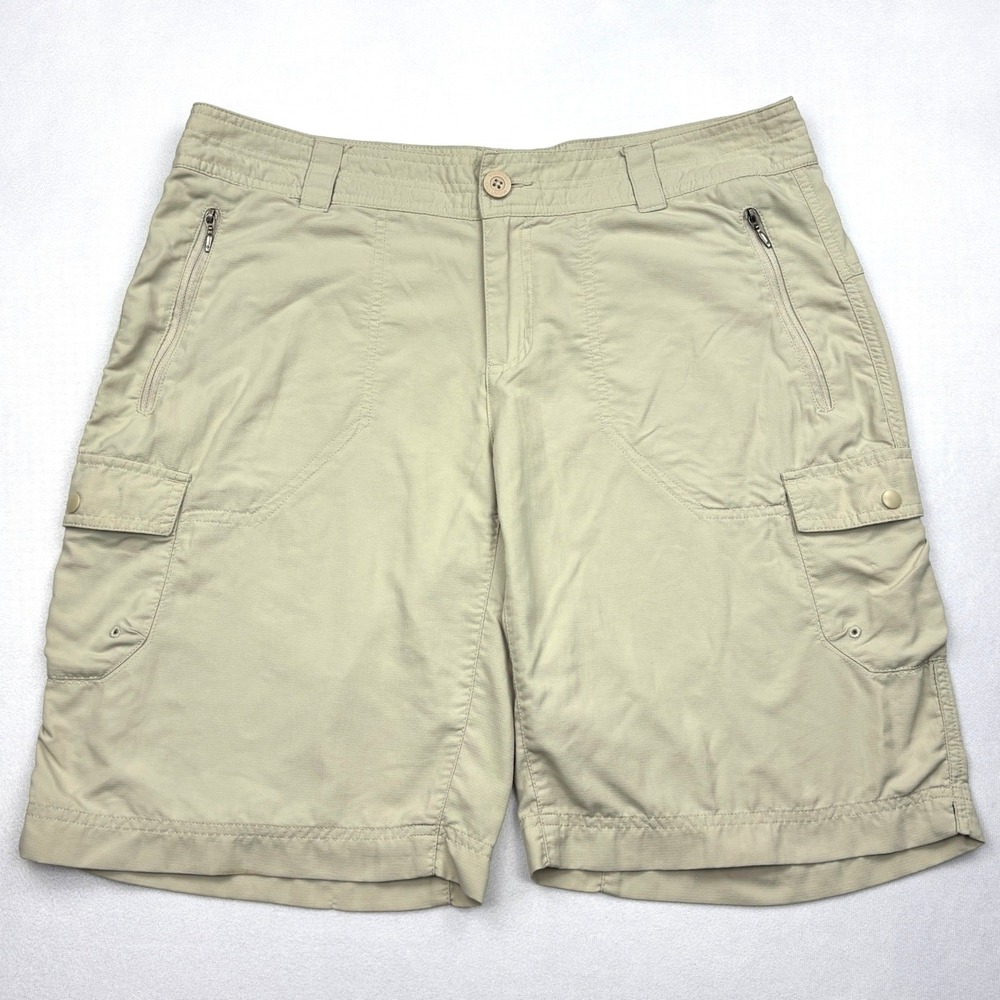 Columbia Womens 12 Tan Khaki Nylon Cargo Hiking Bermuda Shorts 10 Inseam AL4024